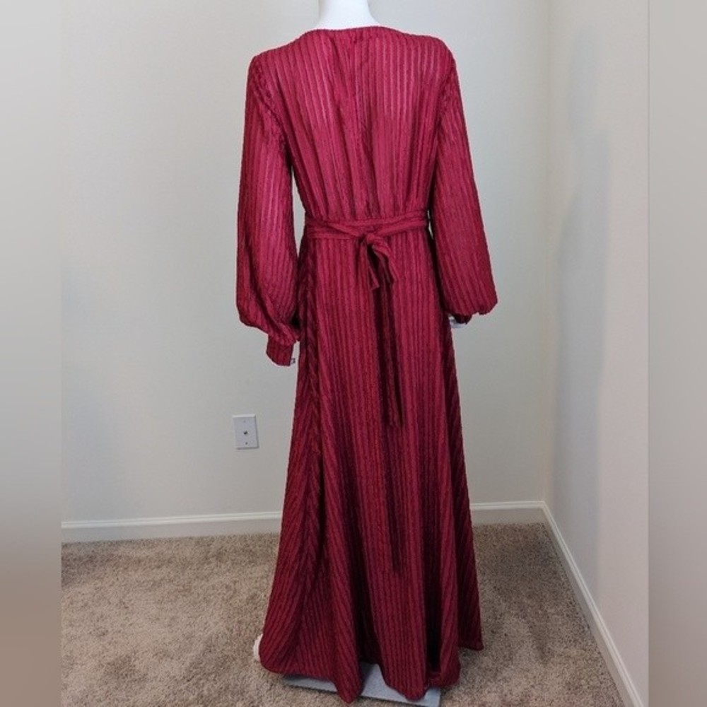 Fame and Partners NWT wrap dress red burgundy sheer texture stripe Rachel sz 10 - Picture 7 of 13
